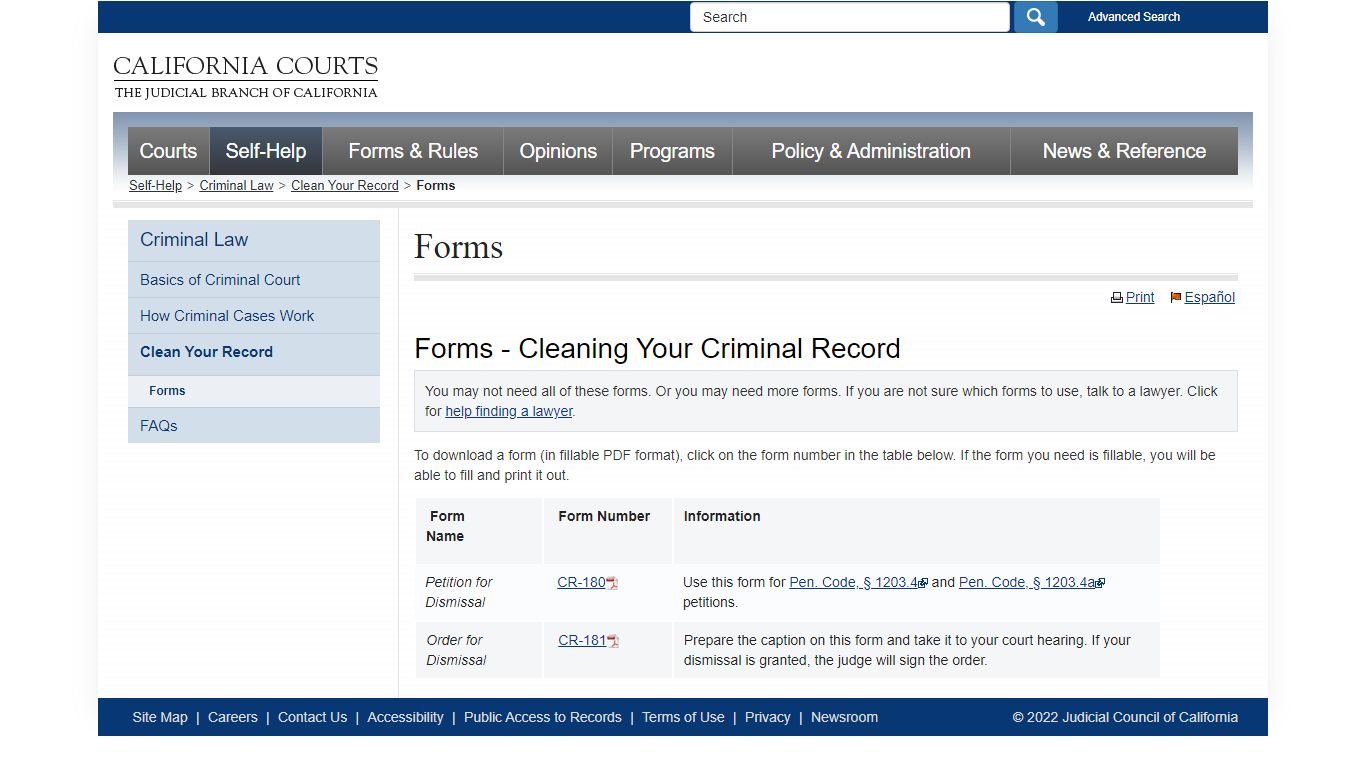 Forms - Cleaning Your Criminal Record - California